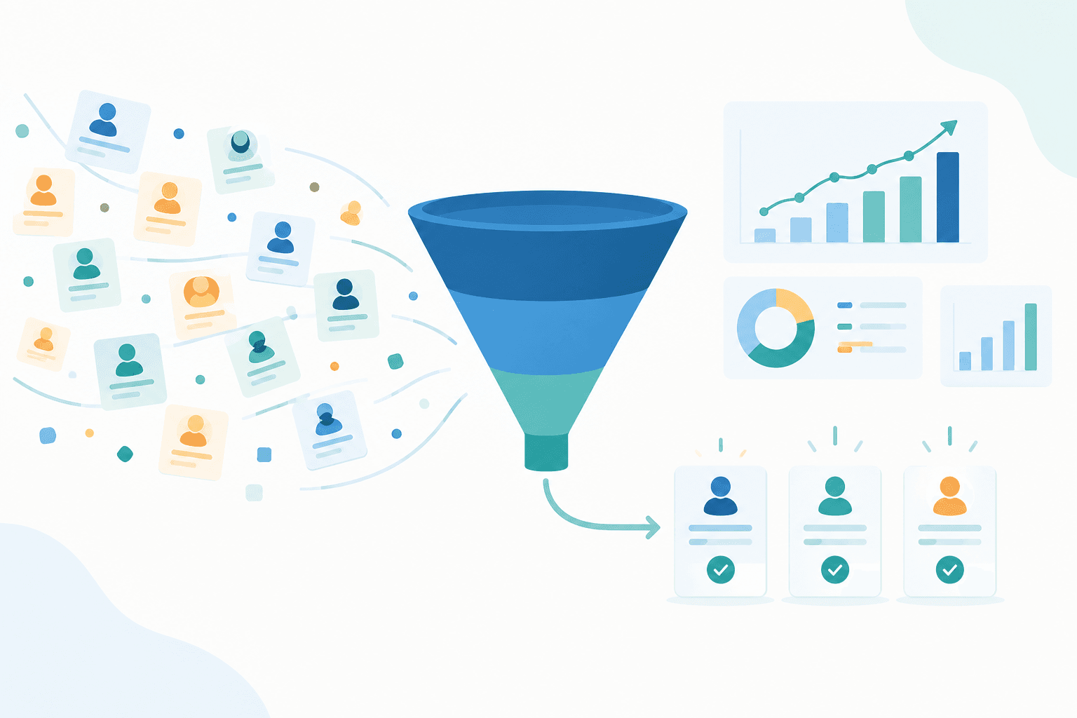 Illustration of an analytics funnel filtering leads into qualified prospects