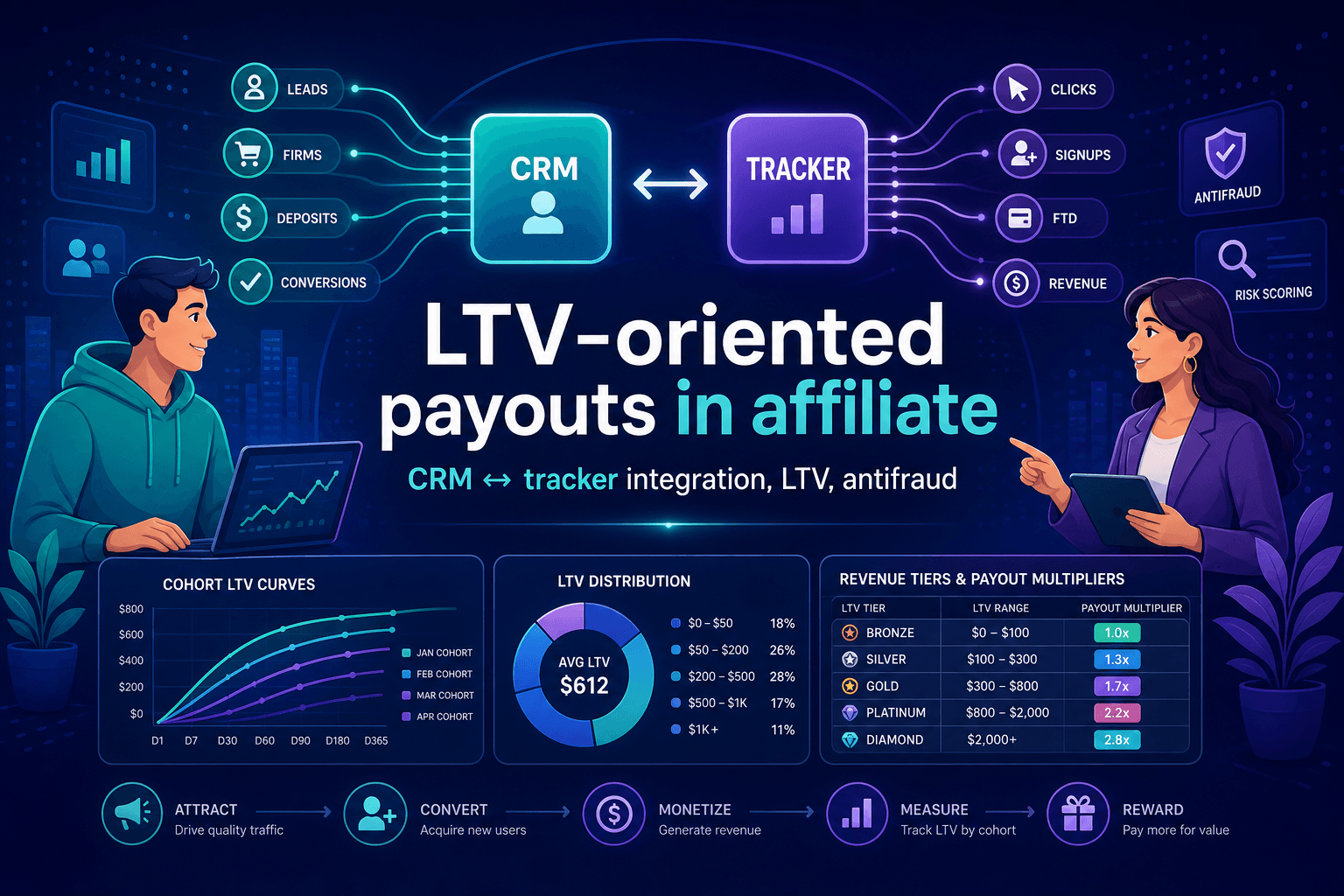 Cover: abstract CRM ↔ tracker data flow with LTV charts and two illustrated characters; text 'LTV‑oriented payouts in affiliate'.